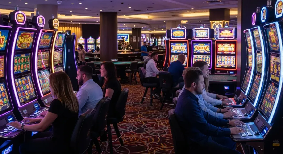 Sweet Bonanza 1000 Gäste spielen an leuchtenden Spielautomaten im modernen Casino
