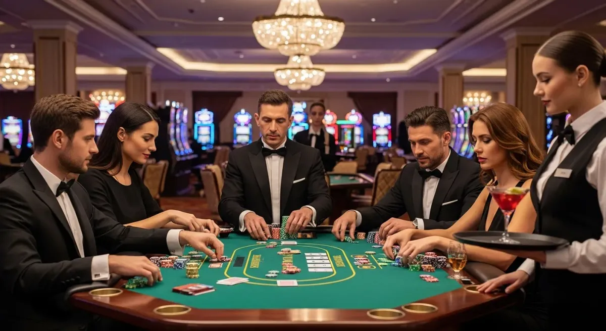 Sweet Bonanza 1000 Elegante Gäste spielen Glücksspiel am Casinotisch, Kellnerin serviert