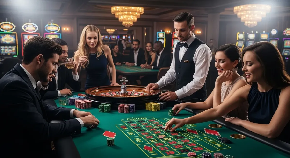 Sweet Bonanza 1000 Leute spielen Roulette am Casinotisch mit Croupier im Casino
