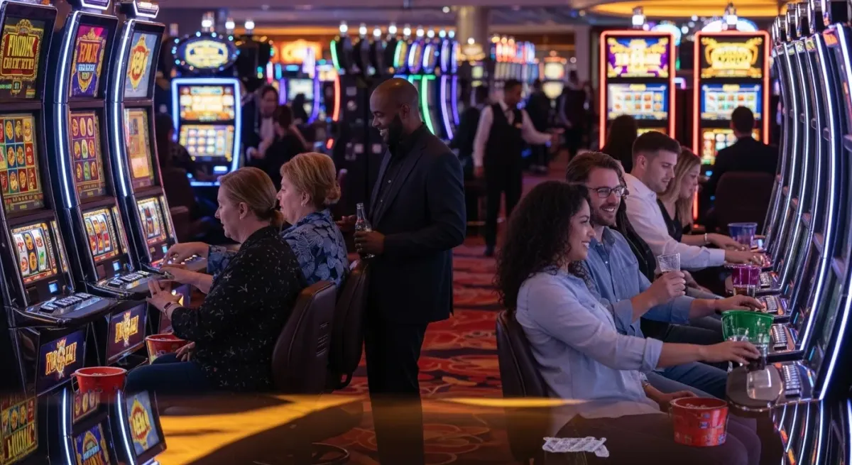 Sweet Bonanza 1000 Glücksspieler spielen an leuchtenden Spielautomaten in einem Casino