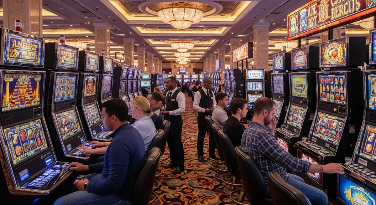 Sweet Bonanza 1000 Gäste spielen an Spielautomaten in einem luxuriösen Casino, Personal anwesend