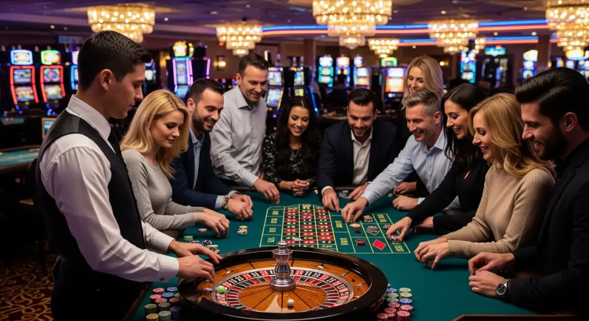 Sweet Bonanza 1000 Fröhliche Gruppe spielt Roulette mit Croupier in luxuriösem Casino