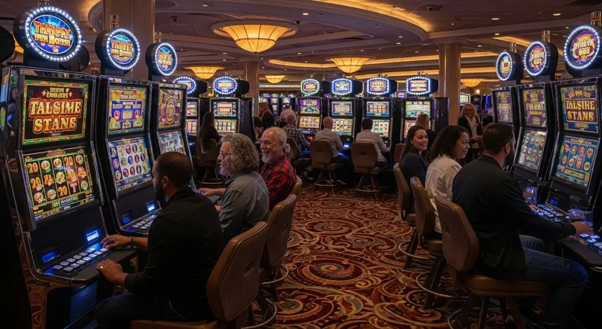 Sweet Bonanza 1000 Spieler sitzen an Reihen von leuchtenden Spielautomaten im Casino