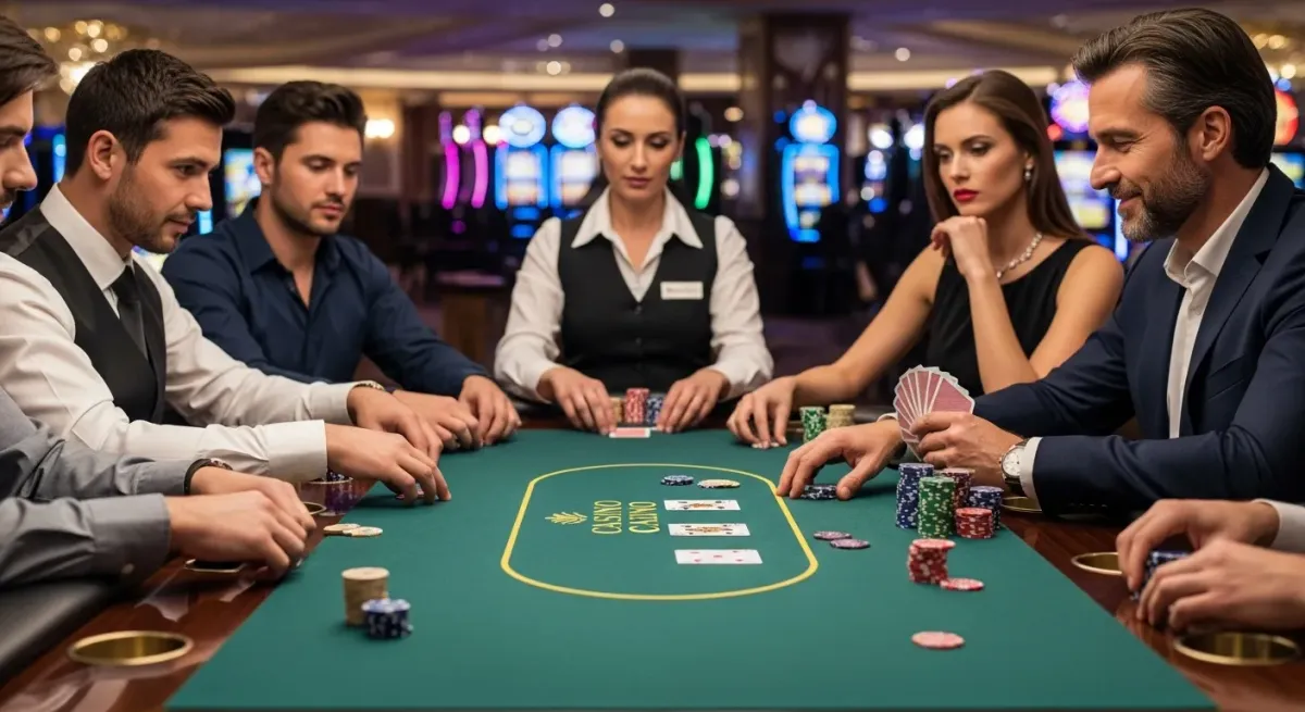 Sweet Bonanza 1000 Leute spielen Poker am Casinotisch mit Chips und Karten
