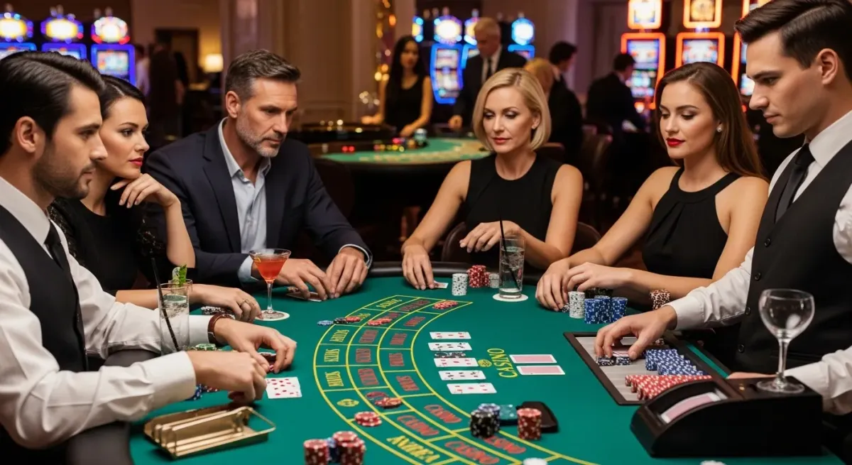 Sweet Bonanza 1000 Elegant gekleidete Gäste spielen Kartenspiel am grünen Casino-Tisch