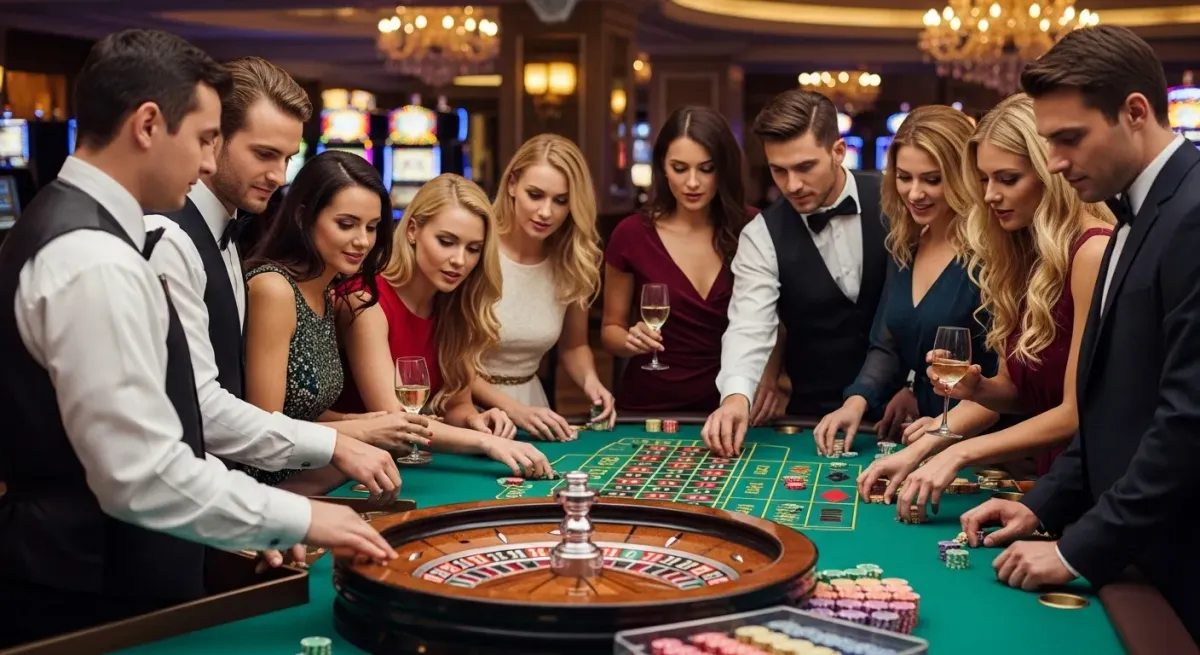 Sweet Bonanza 1000 Elegant gekleidete Menschen spielen Roulette an einem Casinotisch