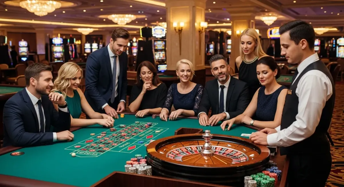 Sweet Bonanza 1000 Elegante Gäste spielen Roulette im Casino mit Croupier