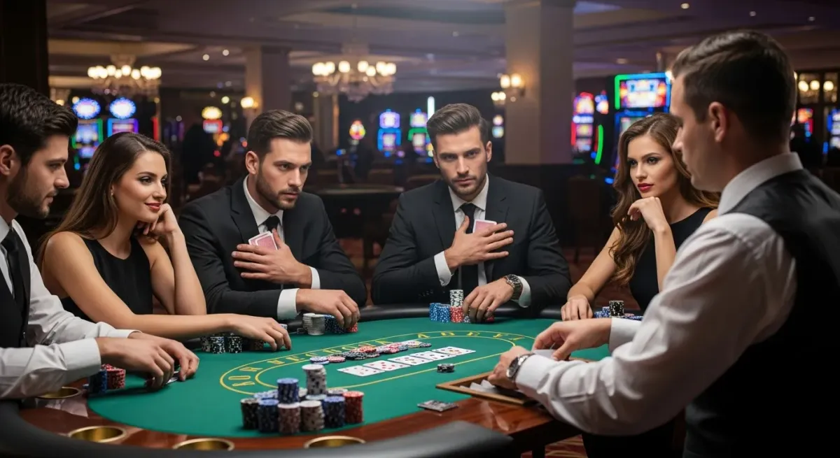 Sweet Bonanza 1000 Personen spielen Poker am grünen Casinotisch mit Karten und Chips