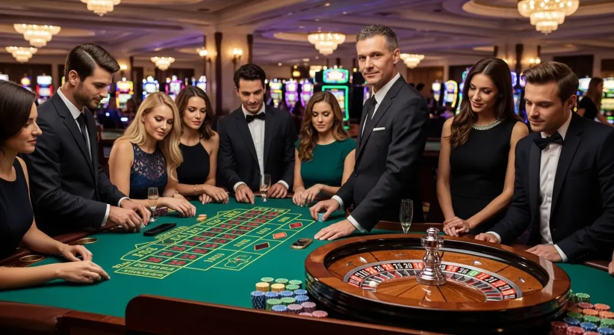 Sweet Bonanza 1000 Elegante Gäste spielen Roulette in einem luxuriösen Casino