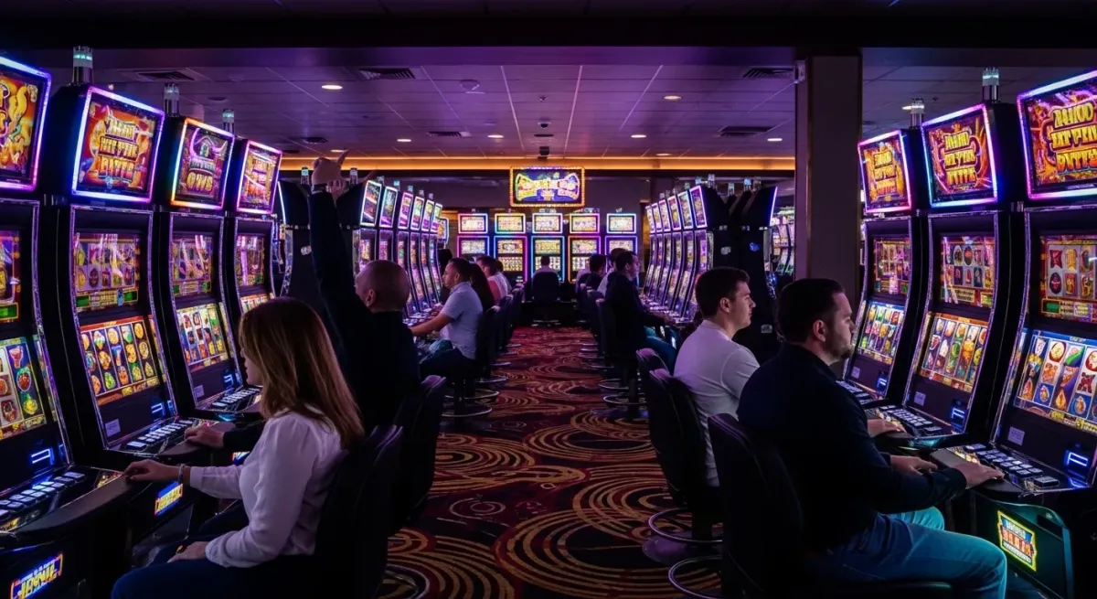 Sweet Bonanza 1000 Menschen spielen an leuchtenden Spielautomaten in einem Casino